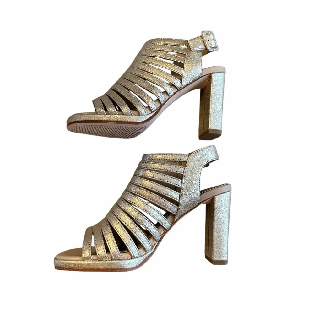 Donald J Pliner Sevanna Strappy Block Heel Sandal Leather Platino Metallic 6.5